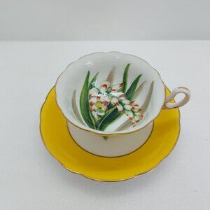 Vintage Tea Cup And Saucer Occupied Japan Yellow With Hand Painted Floral